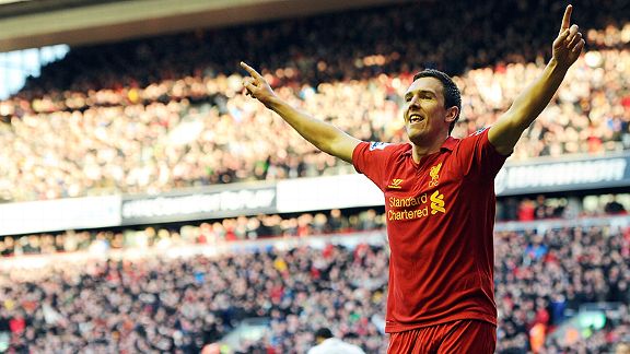 Stewart Downing celebrates after levelling for Liverpool against Spurs