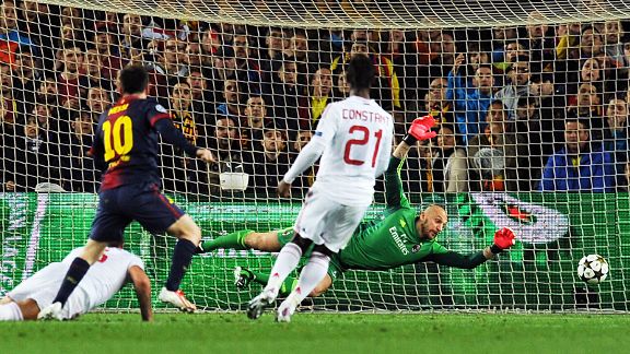 Milan goalkeeper Christian Abbiati is powerless to stop Lionel Messi from scoring his second