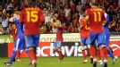 Spain midfielder Xavi Hernandez celebrates after scoring against Liechtenstein