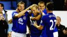 Everton celebrate after Phil Neville put the Toffees 2-1 to the good against WBA