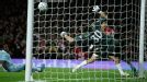 Arsenal's Park Ju-Young watches his shot get saved by Manchester City's goalkeeper Costel Pantilimon