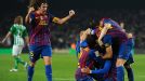 Barcelona's players celebrate Alexis Sanchez's scoring a goal