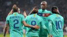 Alexis Sanchez celebrates with his team-mates after his opening goal