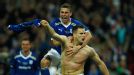 Ben Turner celebrates his dramatic late equaliser with Filip Kiss 