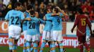 Spain celebrate after Roberto Soldado scored the first of his three goals against Venezuela
