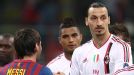 Lionel Messi and Zlatan Ibrahimovic shake hands ahead of the meeting between Barcelona and Milan at San Siro