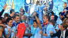 Sergio Aguero lifts the Premier League trophy