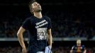 David Villa celebrates after marking his first appearance after injury with Barcelona's fifth goal