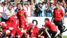 Havelse players celebrate after knocking Nurnberg out of the DFB Pokal