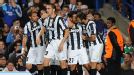 Juventus celebrate their late equaliser against Chelsea