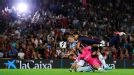 Barca's Alexis Sanchez is brought down by Tono Martinez and Borja Gomez