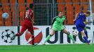 Aleksandr Pavlov of Borisov scores his team's opening goal against Bayern Munich