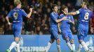 Chelsea goalscorer Juan Mata celebrates with his team-mate's Fernando Torres, Oscar and Frank Lampard 