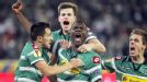 Peniel Kokou Mlapa roars after scoring Gladbach's second goal against Marseille