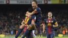 Barcelona celebrate after Adriano found the back of the net in their 3-1 win at home to Celta Vigo