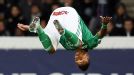 Pierre Emerick Aubameyang celebrates after scoring what proved to be St Etienne's winner at PSG