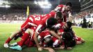 Olympiakos celebrate after Leandro Greco scored their second goal in a crucial 3-1 win over Montpellier