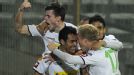 Borussia Monchengladbach's Juan Arango is congratulated on his late equaliser against Marseille