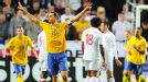 Zlatan Ibrahimovic celebrates after completing his hat-trick against England