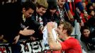 Leverkusen's Stefan Kiessling celebrates with fans after opening the scoring against Schalke 
