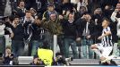 Artur Vidal celebrates with the crowd after scoring Juve's second against Chelsea
