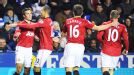 Man United celebrate after Robin Van Persie put them 4-3 up at Reading