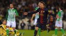 Lionel Messi celebrates after netting the opening goal at Real Betis, equalling Gerd Muller's record of 85 goals in a calendar year