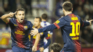 Xavi celebrates his opener at Valladolid with Lionel Messi