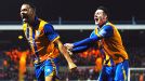 Lee Beevers celebrates with goalscorer Matthew Green after Mansfield grabbed their consolation against Liverpool