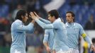 Sergio Floccari and Hernanes celebrate Lazio's Serie A win against Atalanta