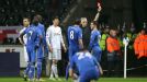 Chelsea's Eden Hazard receives a red card from referee Chris Foy for violent conduct