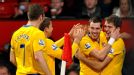 Southampton celebrate after taking a shock lead at Old Trafford through Jay Rodriguez