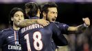 Ezequiel Lavezzi celebrates with Zlatan Ibrahimovic after giving PSG the lead at Valencia