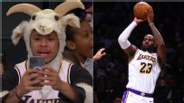 Fan in a goat costume is loving this LeBron 3-pointer