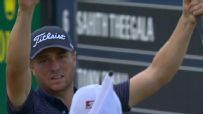 Justin Thomas has a sarcastic fist pump after chipping in for birdie