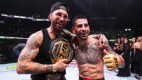 Ilia Topuria celebrates with Sergio Ramos after retaining featherweight belt