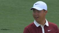 Tom Kim has priceless reaction after bouncing in a chip for birdie