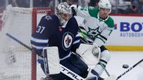Connor Hellebuyck makes an impressive save to keep the Stars scoreless