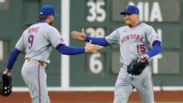 Nimmo delivers a dart to home to complete double play