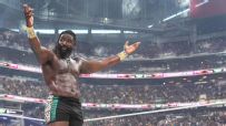 Oba Femi kicks out of a Tombstone Piledriver to defeat Brock Lesnar inside Hell in a Cell