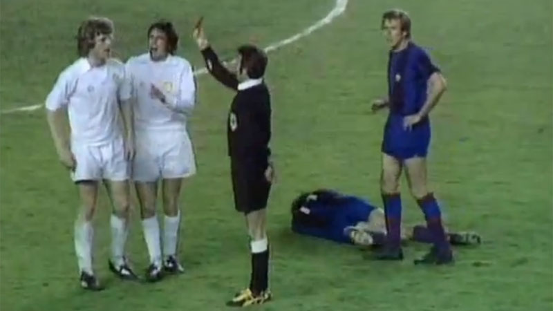 Gordon McQueen receives a straight red card for his attack on Manuel Clares