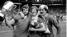 Mark Lawrenson, Ronnie Whelan and Bruce Grobbelaar celebrate with the 1982 League Cup