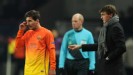 Lionel Messi talks to Tito Vilanova after sustaining a thigh injury towards the end of the first half