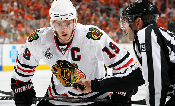 Chris Pronger of the Philadelphia Flyers skates with the puck