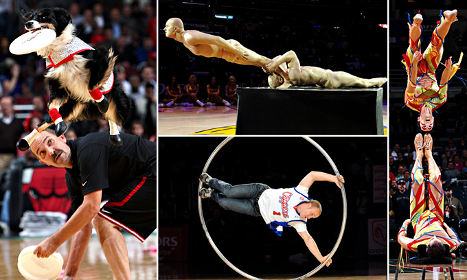 Bears' offensive line perform as 'Chicago Matadors' during halftime of Bulls-76ers  game