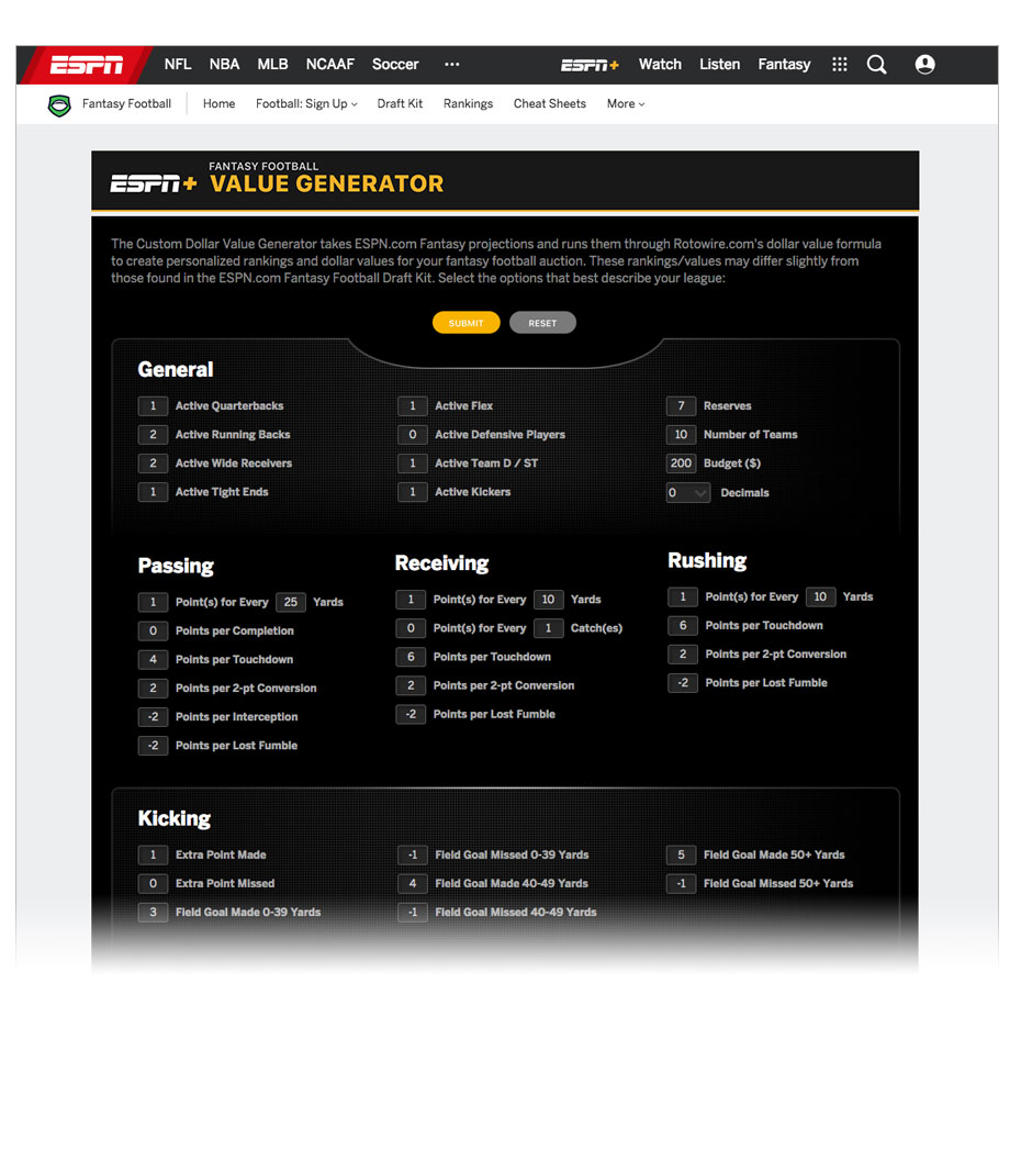 Fantasy Football Value Calculator Tool Fantasy Football ESPN