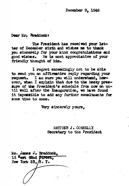 Letter from President Truman's office to Braddock