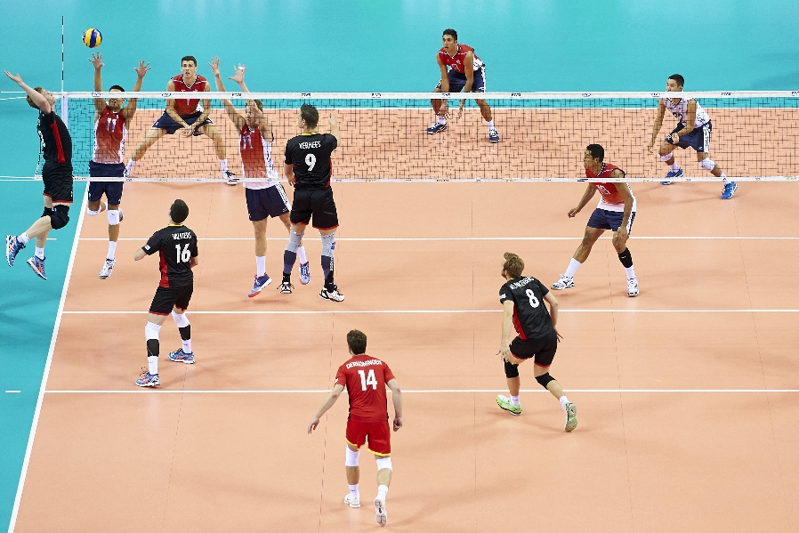 CRACOW, POLAND - AUGUST 31: Belgian team attacks during the FIVB World