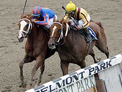 Rags to Riches and Curlin race down the stretch in the 2007 Belmont Stakes.