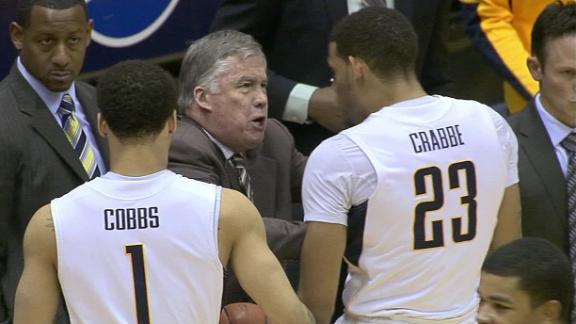 Cal coach Mike Montgomery gets in the grille of Allen Crabbe